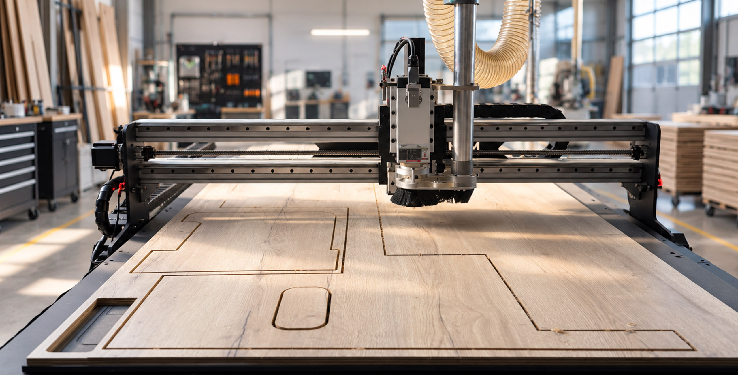CNC-Fertigung: Präzise Bearbeitung von Holzplatten mit einer modernen CNC-Fräse in der Werkstatt.