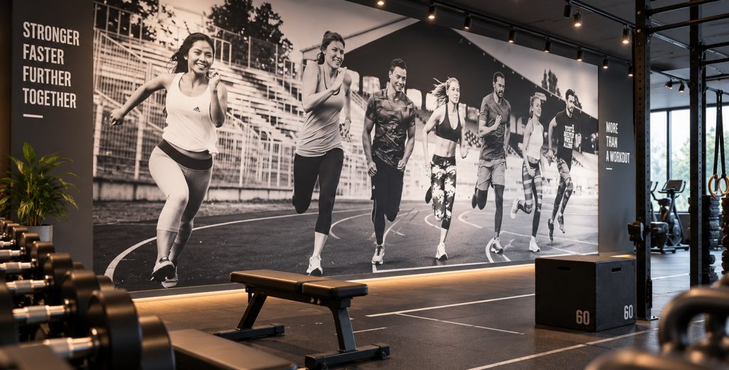 Wandgestaltung mit großformatiger, bedruckter Tapete im Fitnessstudio