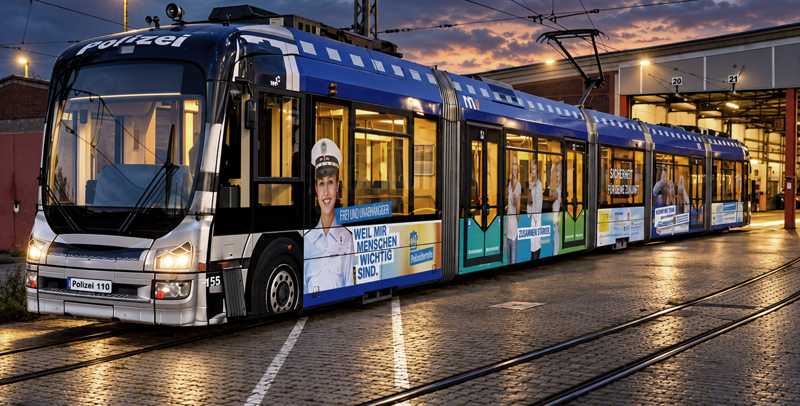 Folierte Straßenbahn mit Polizeimotiv im Straßenbahndepot bei der rnv